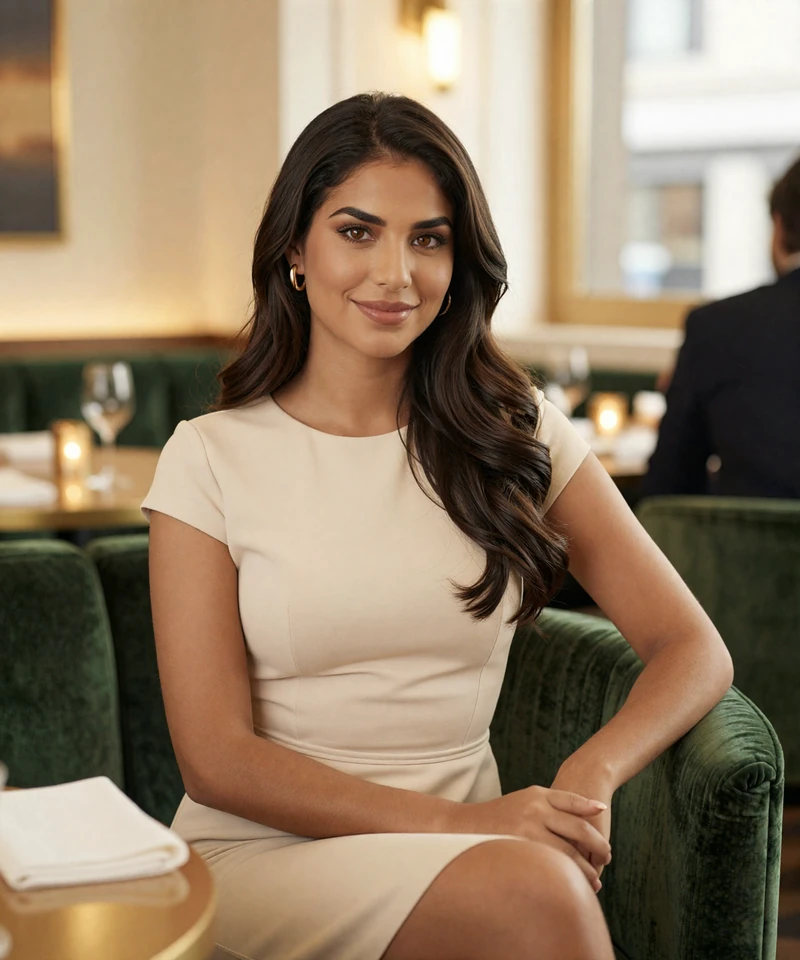 Elegant brunette woman in an upscale Manhattan dining room featured on a sugar daddy New York page
