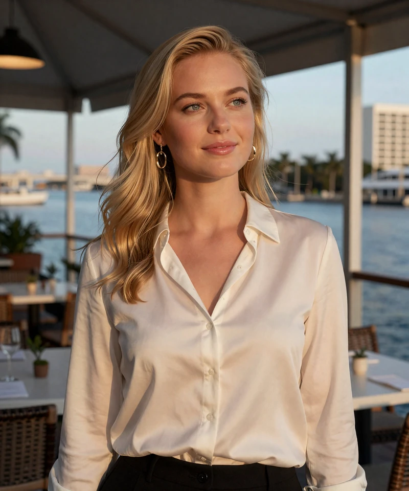 Sophisticated blonde woman at a South Tampa waterfront terrace representing affluent local dating in Tampa