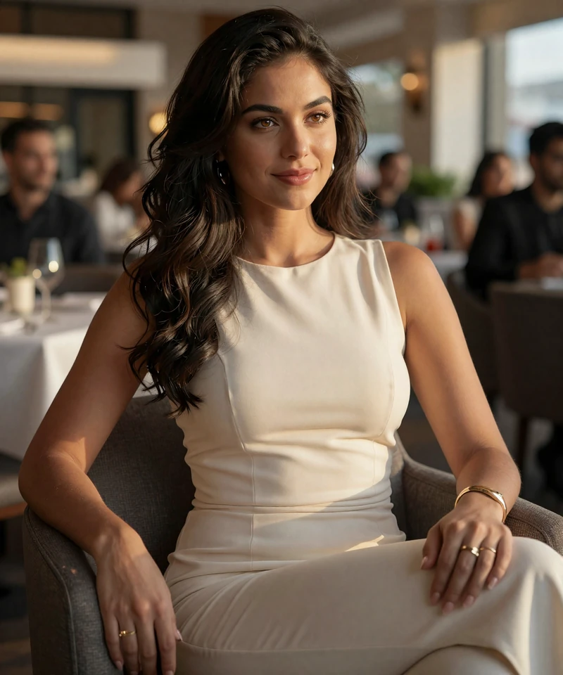 Elegant brunette woman in a West Hollywood restaurant featured on a sugar baby Los Angeles page