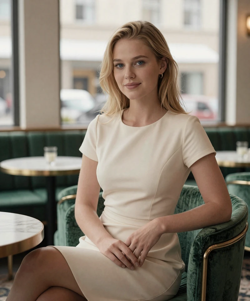Elegant blonde woman in a refined Portland cafe featured on a sugar baby Portland page