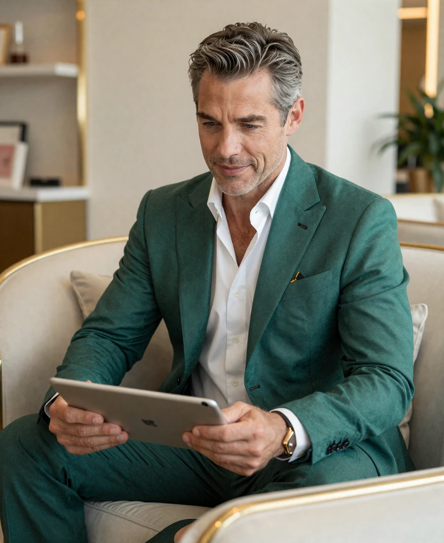 Successful man reviewing a polished premium dating profile strategy in an elegant lounge