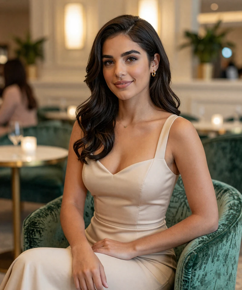 Elegant brunette woman in a refined Seattle lounge featured on a sugar daddy Seattle page