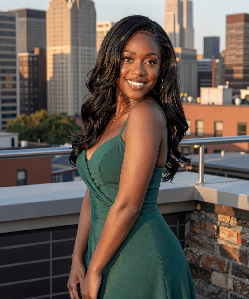 Stylish woman on a Brooklyn rooftop terrace shown as a premium sugar daddy New York match
