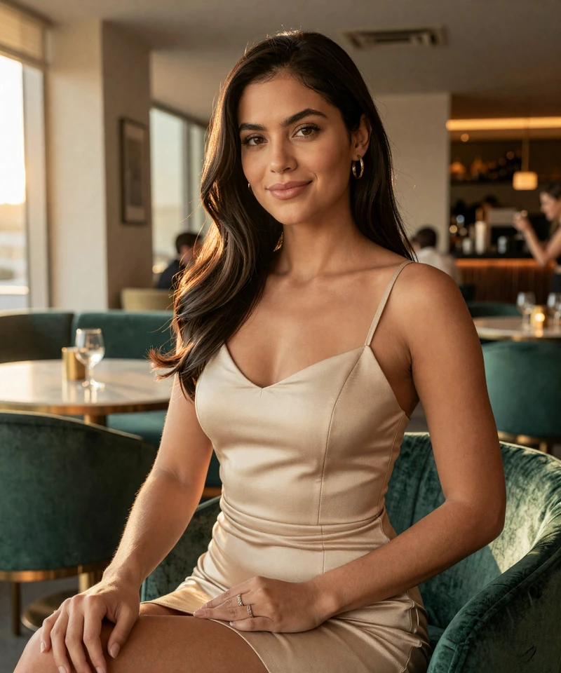 Elegant brunette woman in a luxury Houston lounge featured on a sugar baby Houston page