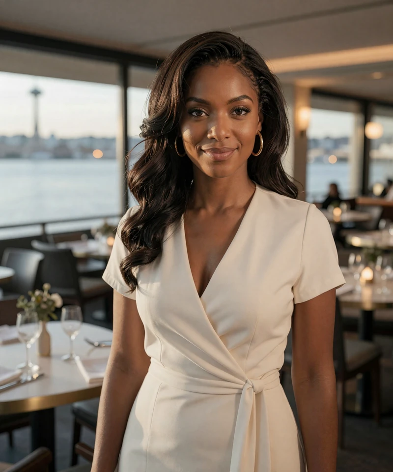 Stylish Black woman in a Seattle waterfront restaurant representing premium sugar baby Seattle dating