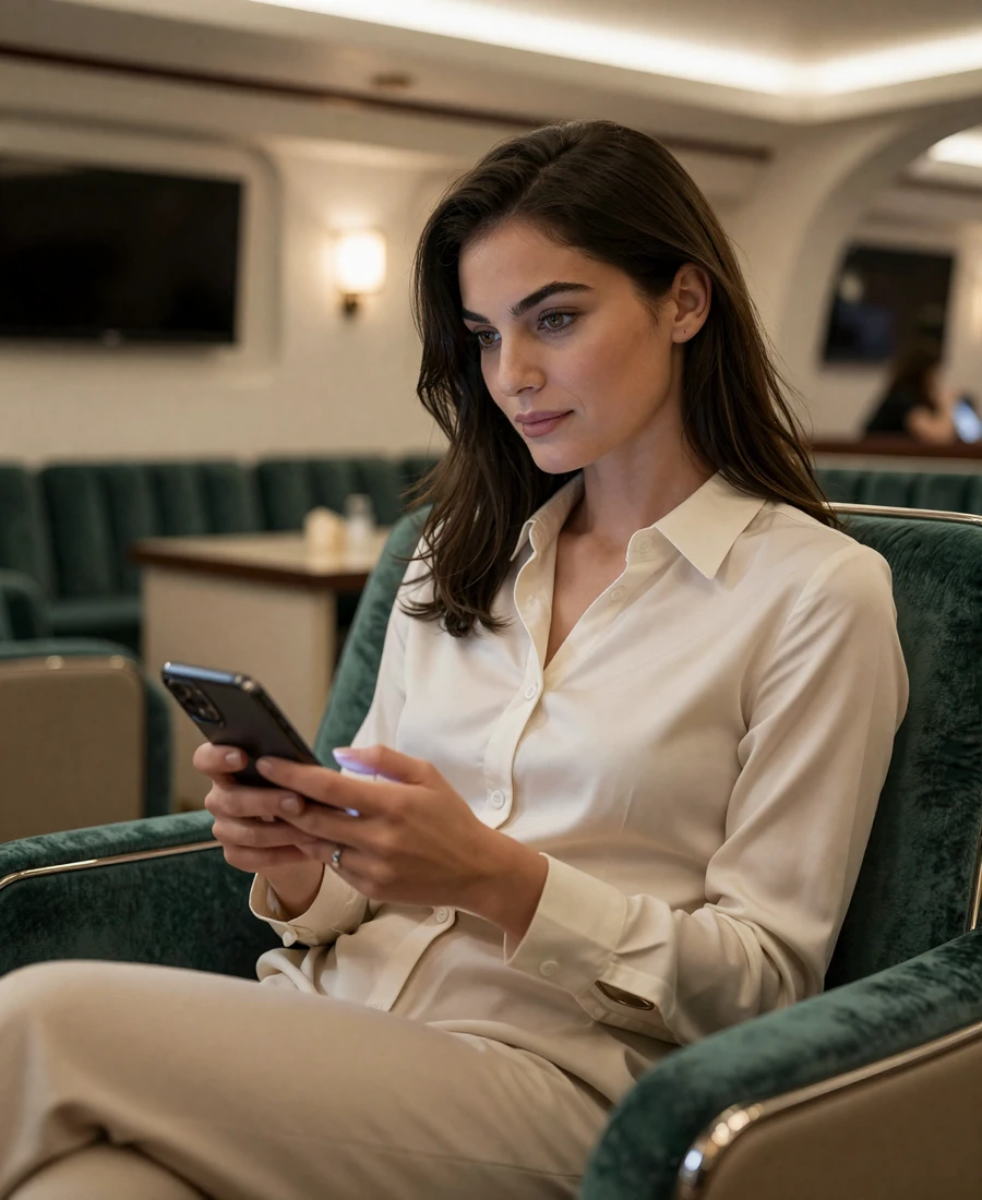 Elegant woman reviewing a premium dating profile on a luxury sugar dating platform