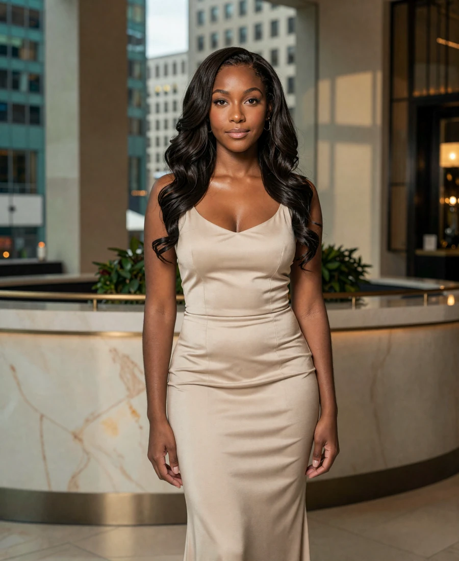 Elegant woman in an upscale Houston hotel lobby representing sugar daddy Houston premium local dating