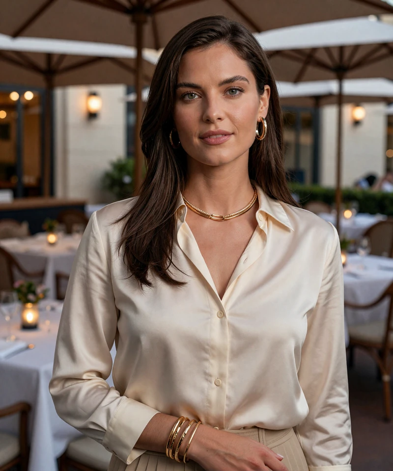 Stylish brunette woman on a refined Orlando patio featured as a premium local sugar dating profile
