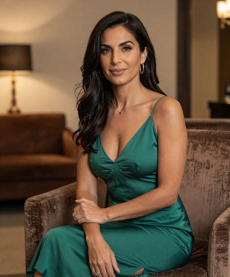 Elegant Latina woman in a Brickell lounge featured on a cougar dating Miami page
