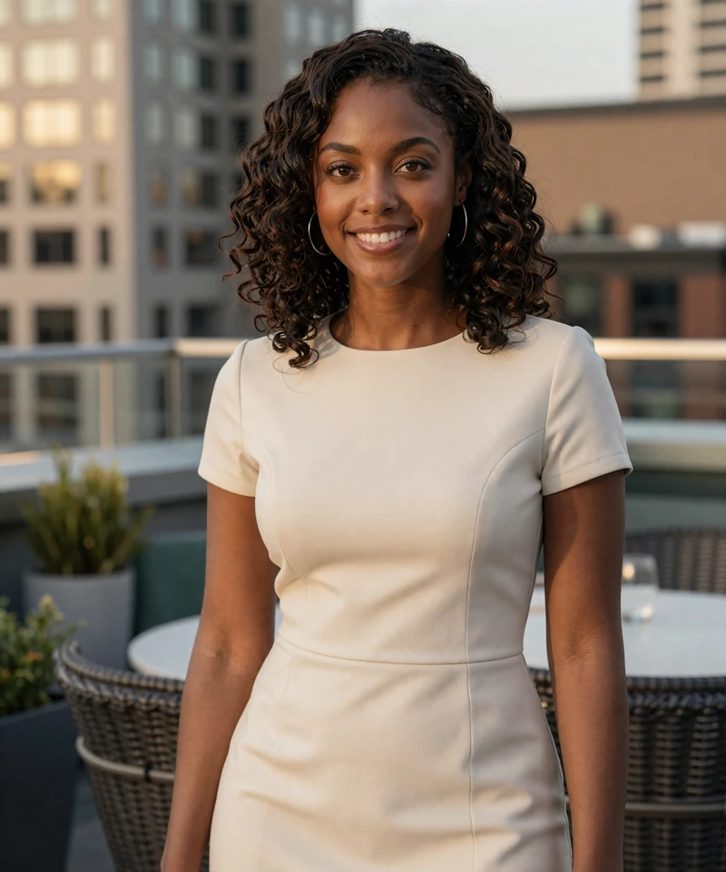 Stylish woman on a Seattle rooftop terrace shown as a premium local dating match