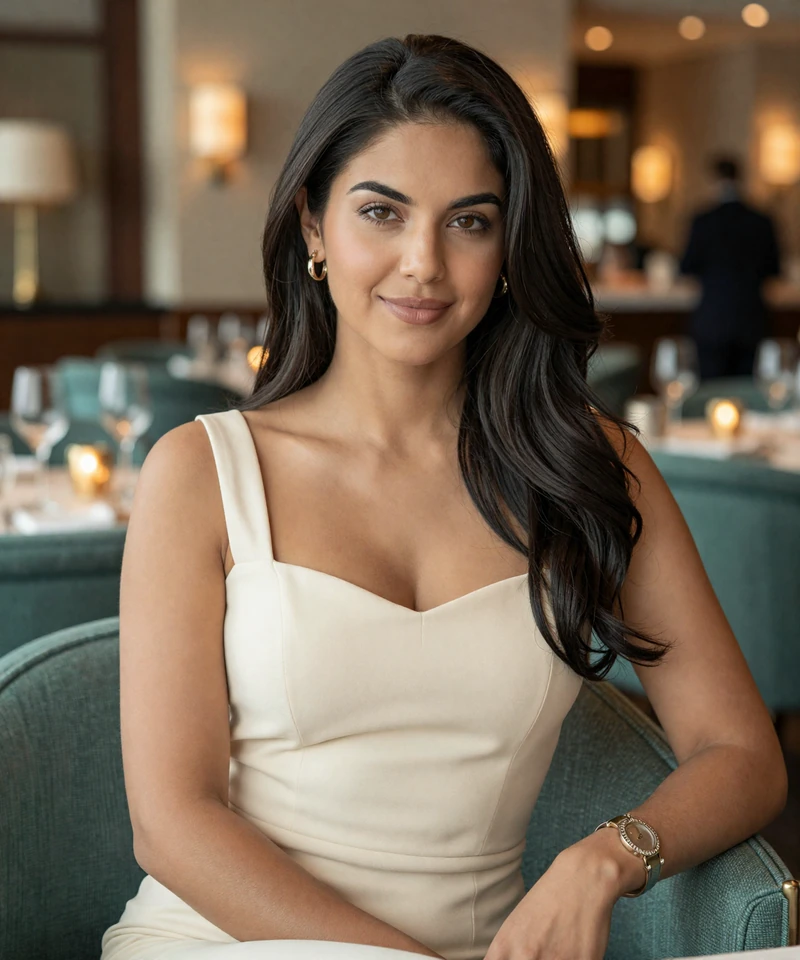 Elegant brunette woman in a luxury Houston dining venue featured on a sugar daddy Houston page