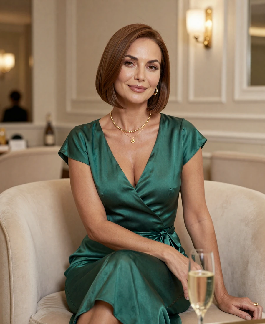 Elegant confident older woman in a luxury lounge representing premium cougar dating website profile quality