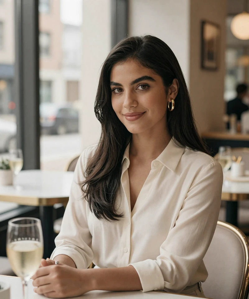 Elegant brunette woman in a polished Chicago cafe featured on a sugar baby Chicago page