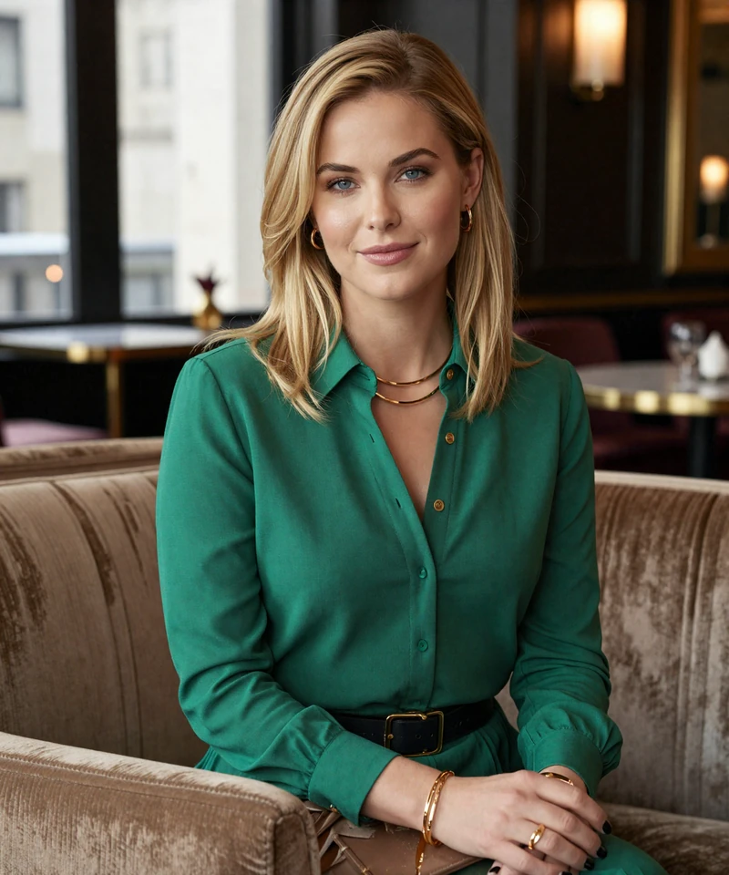 Elegant blonde woman in Chicago lounge representing luxury dating site profile quality
