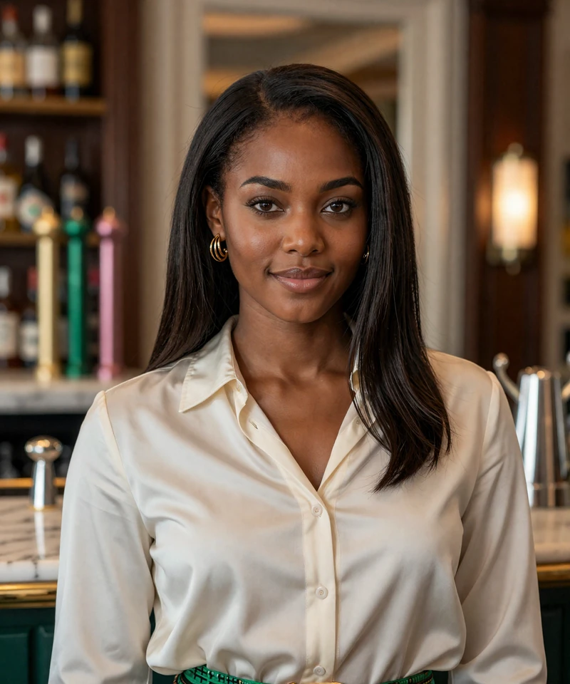 Stylish Black woman in a Highland Park Dallas hotel bar shown as a private premium dating match