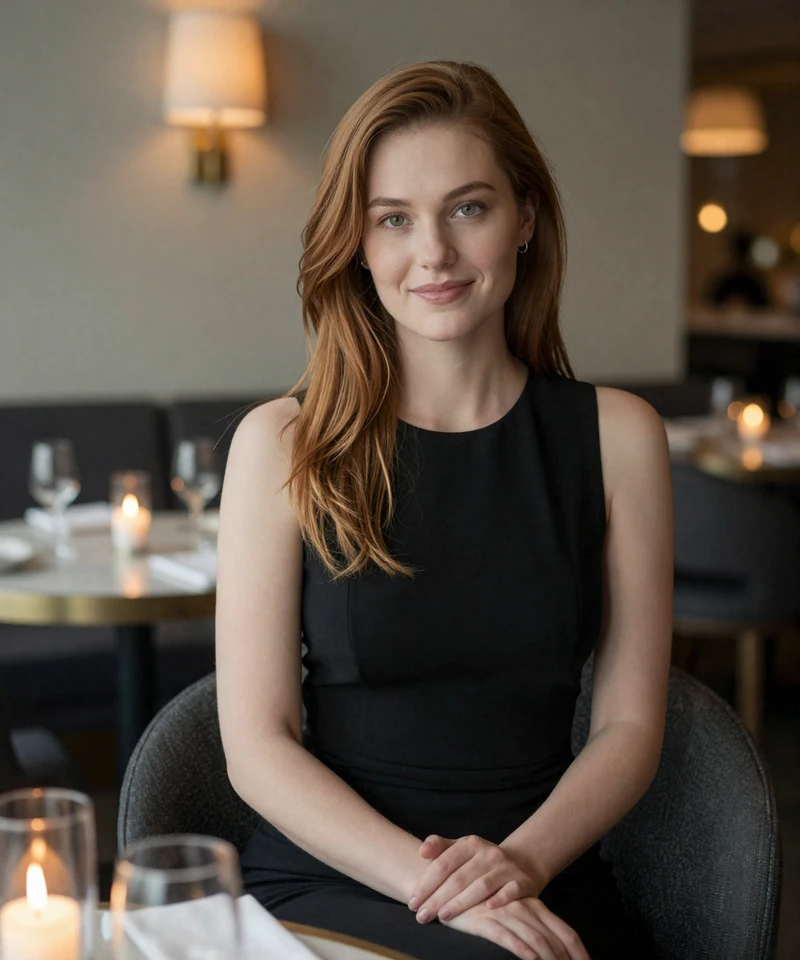 Elegant brunette woman in a refined Columbus restaurant featured on a sugar daddy Columbus page